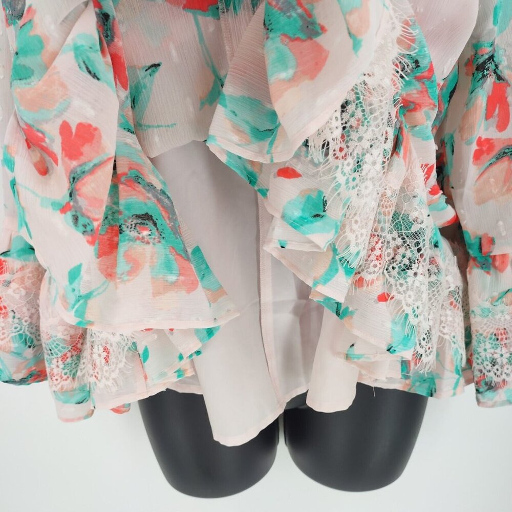 Kaari Blue Sz L Multi Pink Floral Santorini 3/4 Sleeve Ruffle Front Tie Top Lace - Picture 6 of 13